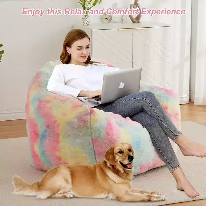Poltrona a sacco di lusso in morbida pelliccia sintetica con braccioli e schienale, lettino ergonomico in memory foam per soggiorno, camera da letto, ufficio