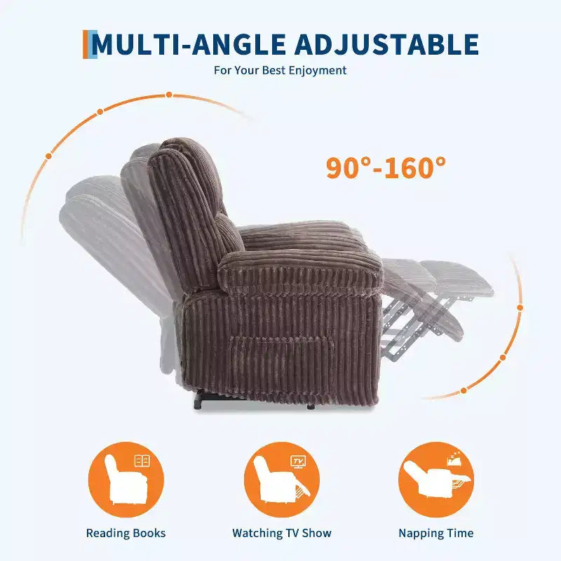 Divano reclinabile manuale, Poltrona reclinabile in velluto a coste, Reclinabile regolabile, Braccioli con cuscini, Imbottitura spessa, Capacità 180 kg, per camera da letto, home theater