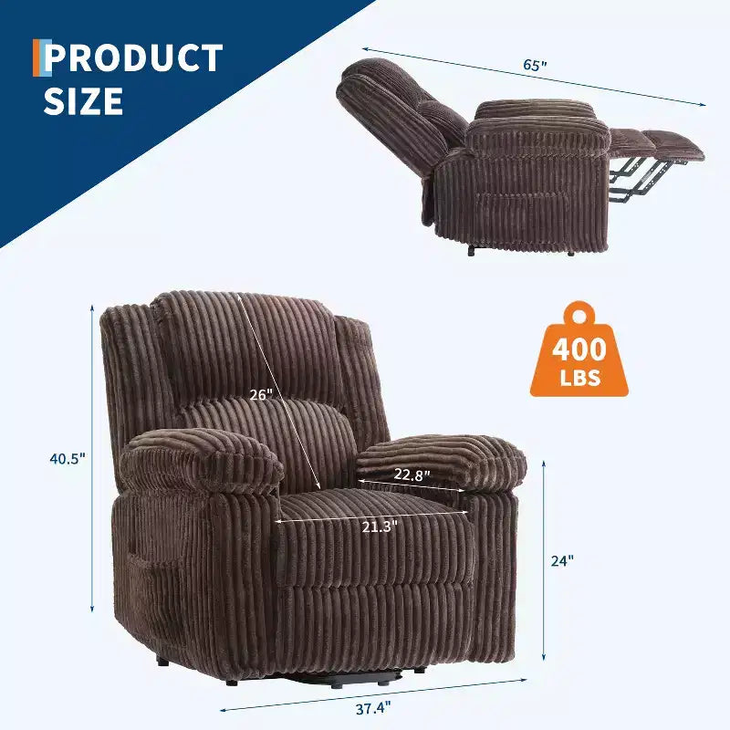Divano reclinabile manuale, Poltrona reclinabile in velluto a coste, Reclinabile regolabile, Braccioli con cuscini, Imbottitura spessa, Capacità 180 kg, per camera da letto, home theater