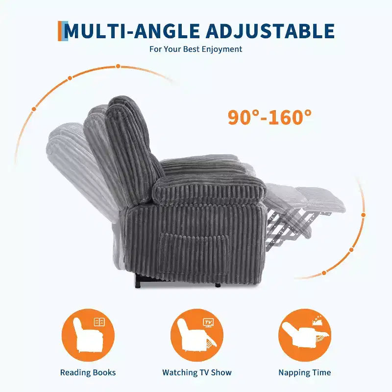 Divano reclinabile manuale, Poltrona reclinabile in velluto a coste, Reclinabile regolabile, Braccioli con cuscini, Imbottitura spessa, Capacità 180 kg, per camera da letto, home theater