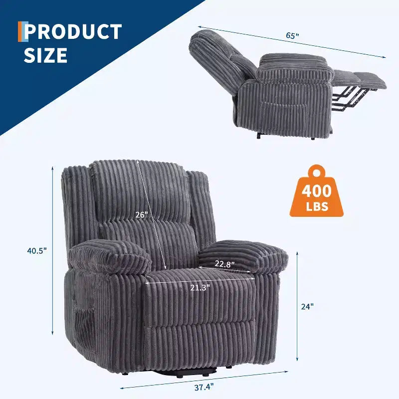 Divano reclinabile manuale, Poltrona reclinabile in velluto a coste, Reclinabile regolabile, Braccioli con cuscini, Imbottitura spessa, Capacità 180 kg, per camera da letto, home theater