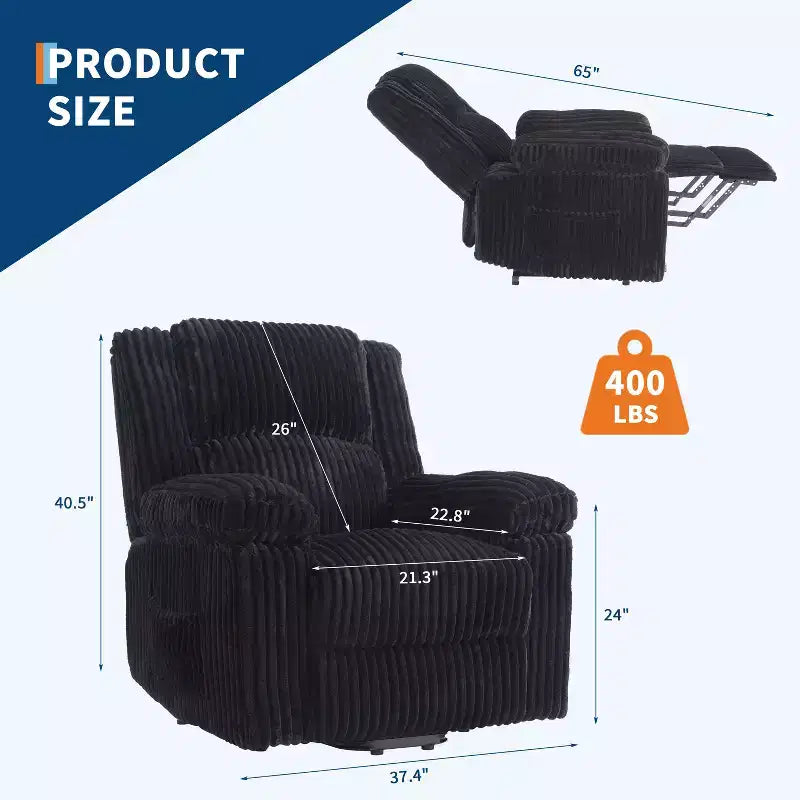 Divano reclinabile manuale, Poltrona reclinabile in velluto a coste, Reclinabile regolabile, Braccioli con cuscini, Imbottitura spessa, Capacità 180 kg, per camera da letto, home theater