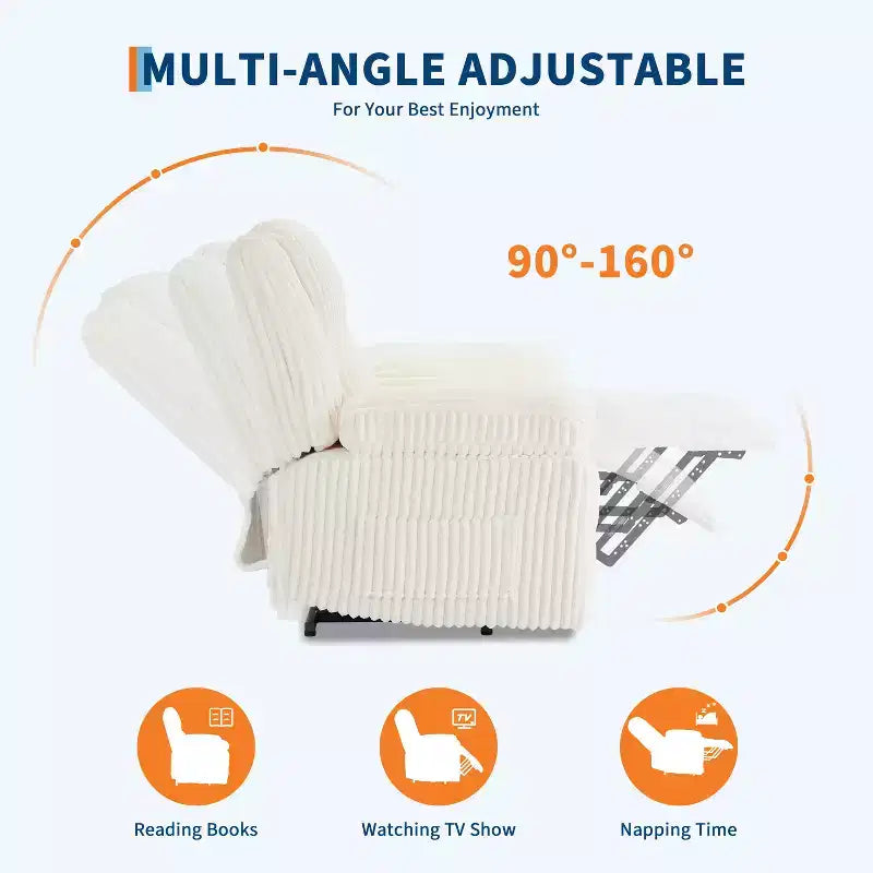 Divano reclinabile manuale, Poltrona reclinabile in velluto a coste, Reclinabile regolabile, Braccioli con cuscini, Imbottitura spessa, Capacità 180 kg, per camera da letto, home theater