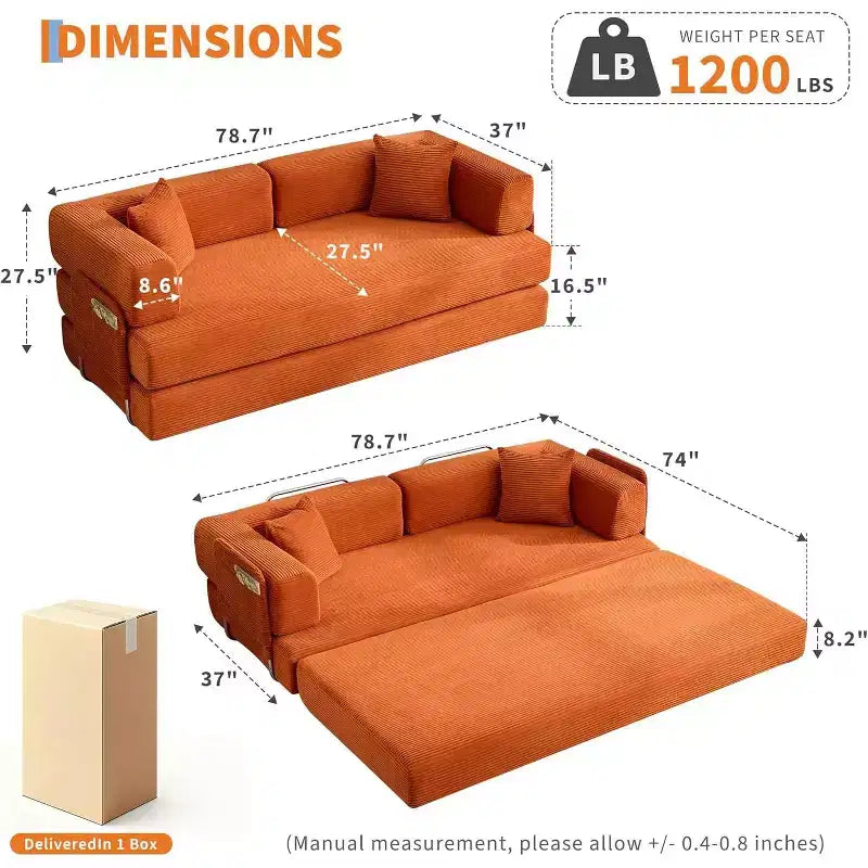 Divano Letto Chaise Longue Convertibile 78, Divano Letto Pieghevole in Velluto a Coste, Poltrona Pieghevole Oversize, Nessun Montaggio, Divano Letto Modulare