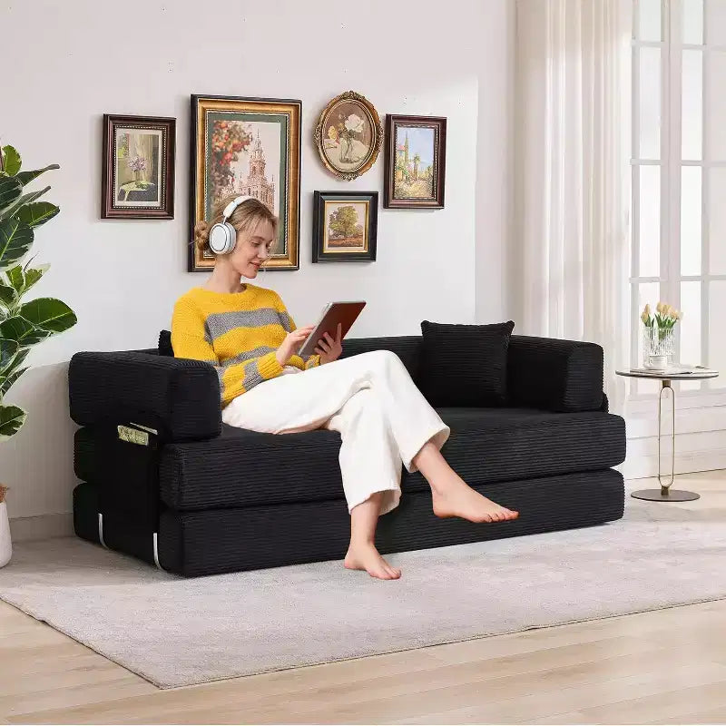 Divano Letto Chaise Longue Convertibile 78, Divano Letto Pieghevole in Velluto a Coste, Poltrona Pieghevole Oversize, Nessun Montaggio, Divano Letto Modulare