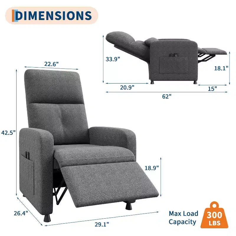 Poltrona Reclinabile, Divano Reclinabile Regolabile, Poltrona Relax, Schienale Alto Ergonomico, Seduta Imbottita, 2 Tasche Laterali, per Soggiorno