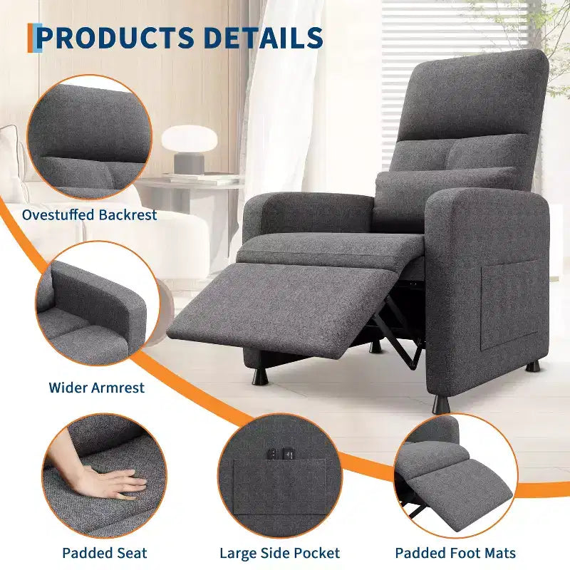 Poltrona Reclinabile, Divano Reclinabile Regolabile, Poltrona Relax, Schienale Alto Ergonomico, Seduta Imbottita, 2 Tasche Laterali, per Soggiorno