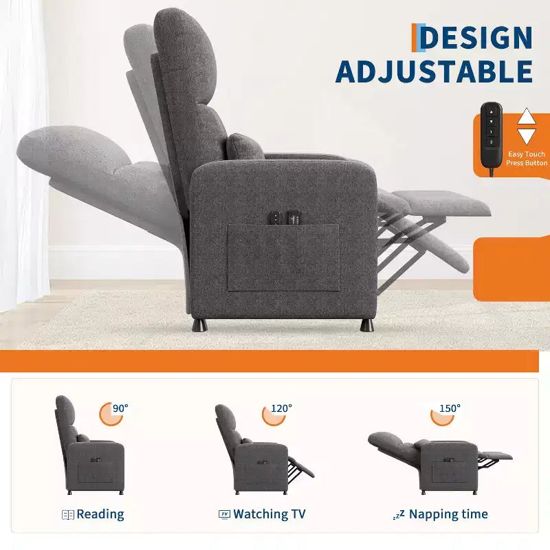 Poltrona Reclinabile, Divano Reclinabile Regolabile, Poltrona Relax, Schienale Alto Ergonomico, Seduta Imbottita, 2 Tasche Laterali, per Soggiorno