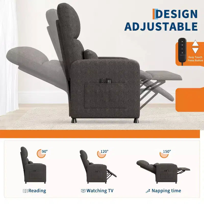 Poltrona Reclinabile, Divano Reclinabile Regolabile, Poltrona Relax, Schienale Alto Ergonomico, Seduta Imbottita, 2 Tasche Laterali, per Soggiorno
