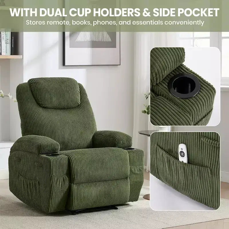 Comoda poltrona reclinabile in velluto a coste, design regolabile, 2 tasche laterali e montaggio senza attrezzi, poltrona reclinabile girevole a 360°, per soggiorno, camera da letto