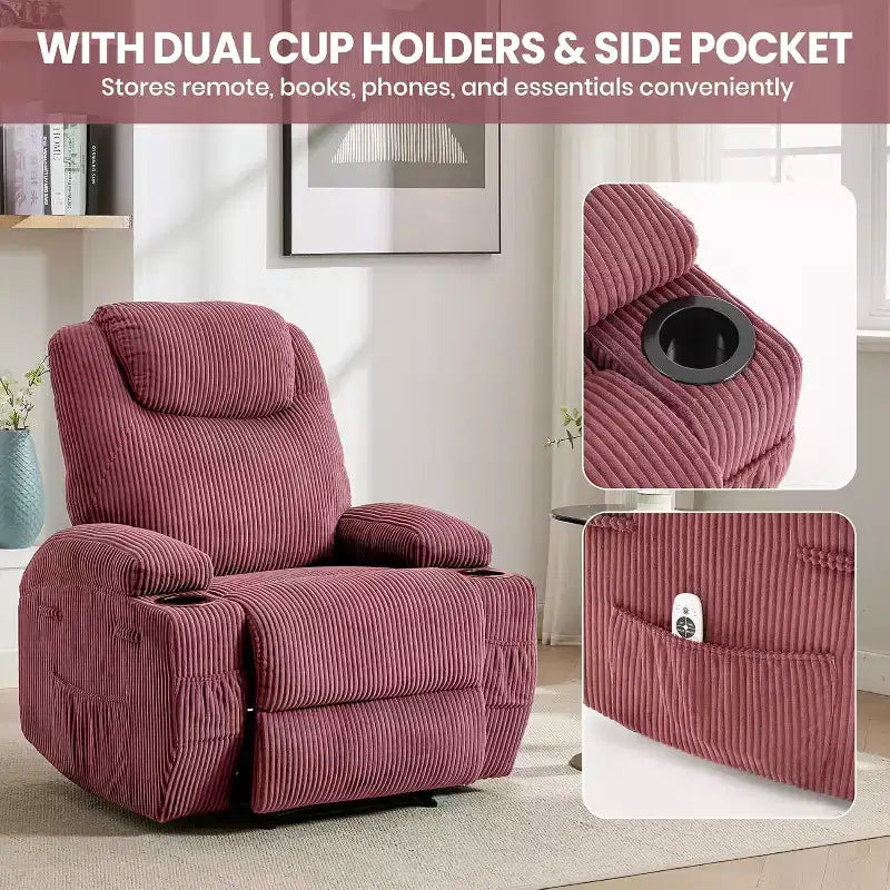 Comoda poltrona reclinabile in velluto a coste, design regolabile, 2 tasche laterali e montaggio senza attrezzi, poltrona reclinabile girevole a 360°, per soggiorno, camera da letto