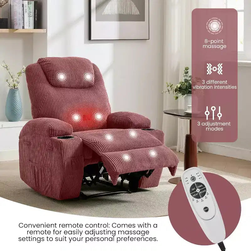 Comoda poltrona reclinabile in velluto a coste, design regolabile, 2 tasche laterali e montaggio senza attrezzi, poltrona reclinabile girevole a 360°, per soggiorno, camera da letto