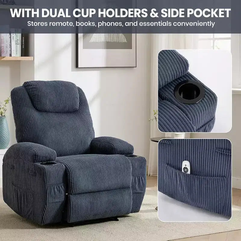 Comoda poltrona reclinabile in velluto a coste, design regolabile, 2 tasche laterali e montaggio senza attrezzi, poltrona reclinabile girevole a 360°, per soggiorno, camera da letto
