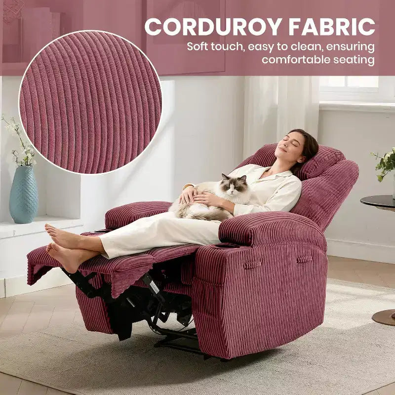 Comoda poltrona reclinabile in velluto a coste, design regolabile, 2 tasche laterali e montaggio senza attrezzi, poltrona reclinabile girevole a 360°, per soggiorno, camera da letto