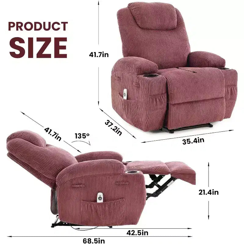 Comoda poltrona reclinabile in velluto a coste, design regolabile, 2 tasche laterali e montaggio senza attrezzi, poltrona reclinabile girevole a 360°, per soggiorno, camera da letto