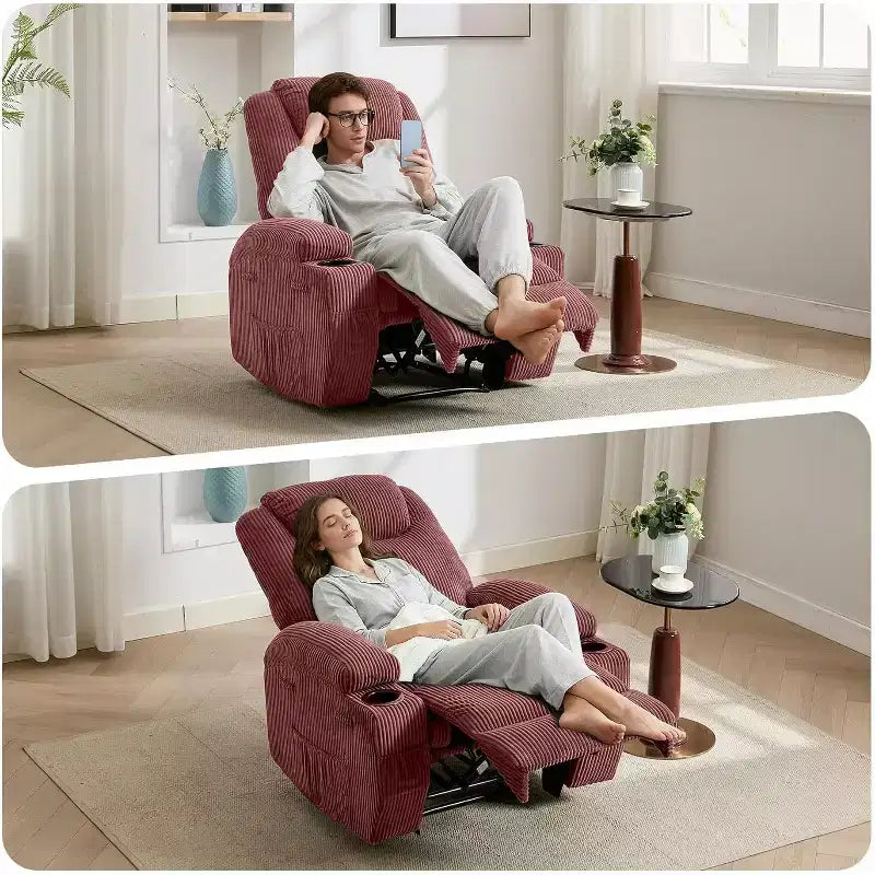 Comoda poltrona reclinabile in velluto a coste, design regolabile, 2 tasche laterali e montaggio senza attrezzi, poltrona reclinabile girevole a 360°, per soggiorno, camera da letto