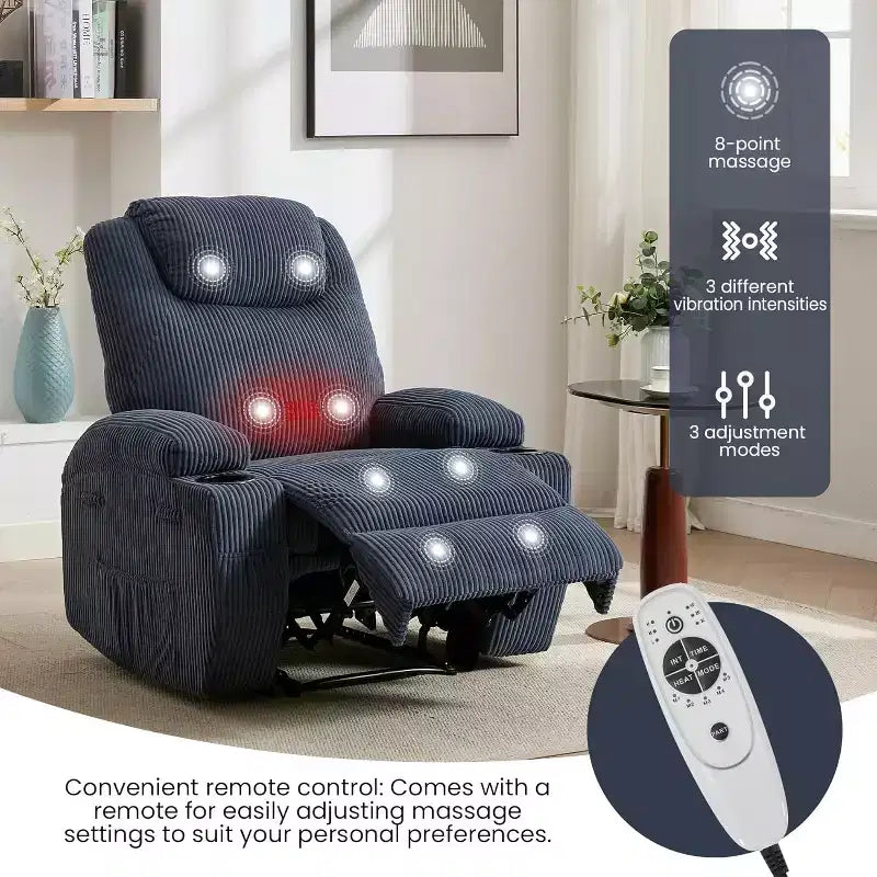 Comoda poltrona reclinabile in velluto a coste, design regolabile, 2 tasche laterali e montaggio senza attrezzi, poltrona reclinabile girevole a 360°, per soggiorno, camera da letto