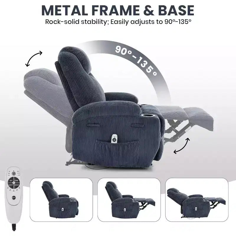 Comoda poltrona reclinabile in velluto a coste, design regolabile, 2 tasche laterali e montaggio senza attrezzi, poltrona reclinabile girevole a 360°, per soggiorno, camera da letto