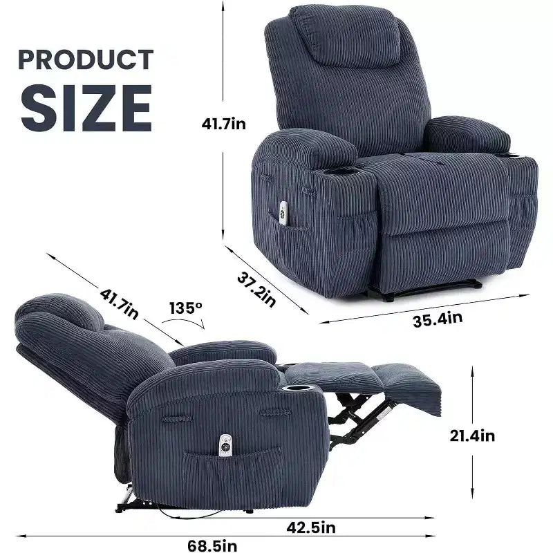 Comoda poltrona reclinabile in velluto a coste, design regolabile, 2 tasche laterali e montaggio senza attrezzi, poltrona reclinabile girevole a 360°, per soggiorno, camera da letto