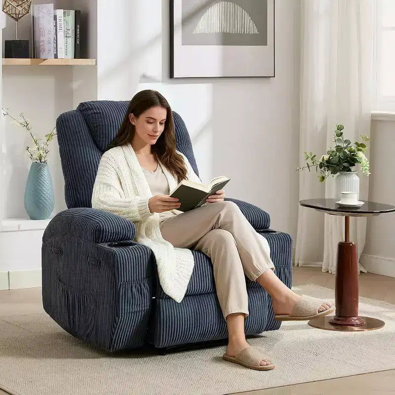 Comoda poltrona reclinabile in velluto a coste, design regolabile, 2 tasche laterali e montaggio senza attrezzi, poltrona reclinabile girevole a 360°, per soggiorno, camera da letto
