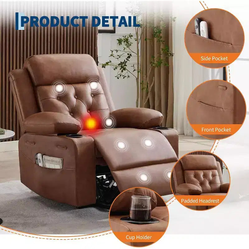 Comoda poltrona reclinabile in velluto a coste, reclinabile a sollevamento oversize in pelle PU, design regolabile, tasche laterali, due portabicchieri, per soggiorno, camera da letto