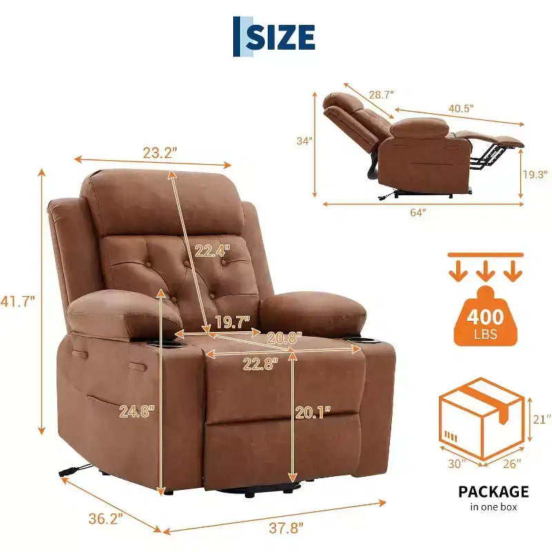 Comoda poltrona reclinabile in velluto a coste, reclinabile a sollevamento oversize in pelle PU, design regolabile, tasche laterali, due portabicchieri, per soggiorno, camera da letto