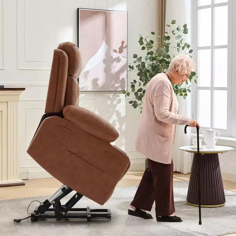 Comoda poltrona reclinabile in velluto a coste, reclinabile a sollevamento oversize in pelle PU, design regolabile, tasche laterali, due portabicchieri, per soggiorno, camera da letto