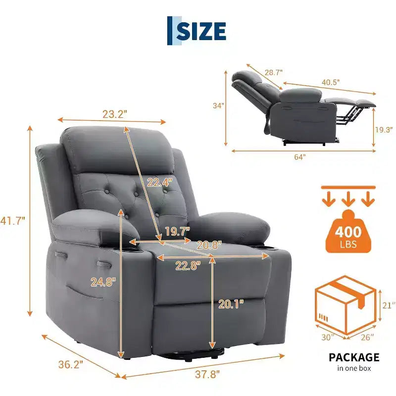 Comoda poltrona reclinabile in velluto a coste, reclinabile a sollevamento oversize in pelle PU, design regolabile, tasche laterali, due portabicchieri, per soggiorno, camera da letto