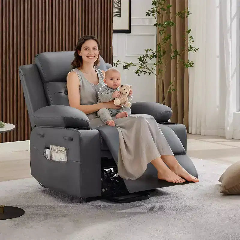 Comoda poltrona reclinabile in velluto a coste, reclinabile a sollevamento oversize in pelle PU, design regolabile, tasche laterali, due portabicchieri, per soggiorno, camera da letto