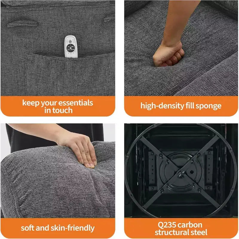 Poltrona reclinabile a dondolo, poltrona girevole a 360° in lino, con tasca laterale e 2 portabicchieri, per soggiorno, camera da letto