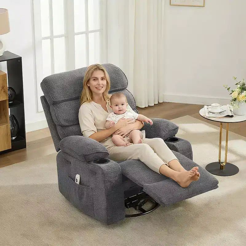 Poltrona reclinabile a dondolo, poltrona girevole a 360° in lino, con tasca laterale e 2 portabicchieri, per soggiorno, camera da letto