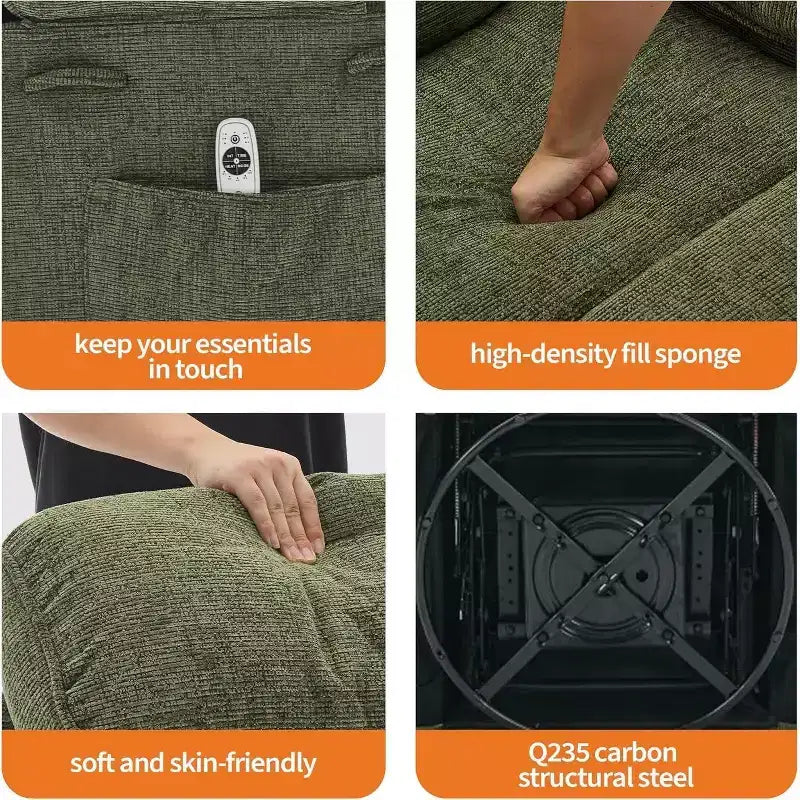 Poltrona reclinabile a dondolo, poltrona girevole a 360° in lino, con tasca laterale e 2 portabicchieri, per soggiorno, camera da letto