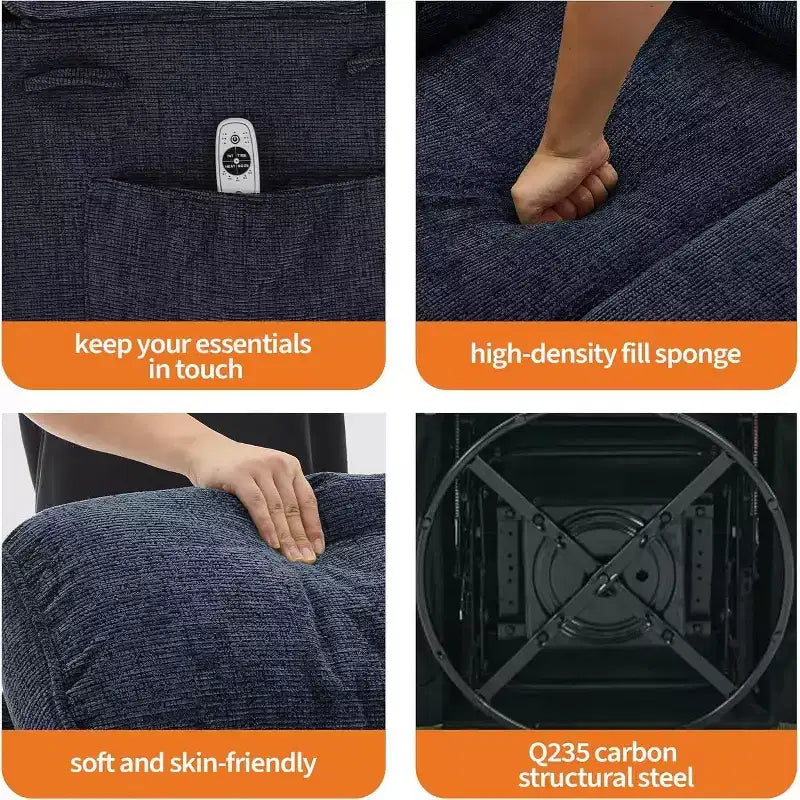 Poltrona reclinabile a dondolo, poltrona girevole a 360° in lino, con tasca laterale e 2 portabicchieri, per soggiorno, camera da letto