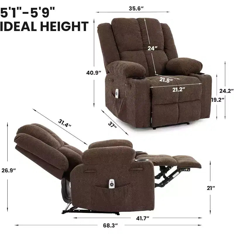 Poltrona Reclinabile Massaggiante Oversize, Divano Singolo, Tasca Laterale, 2 Portabicchieri, Poltrona Reclinabile Ergonomica Imbottita in Tessuto Traspirante, per Soggiorno