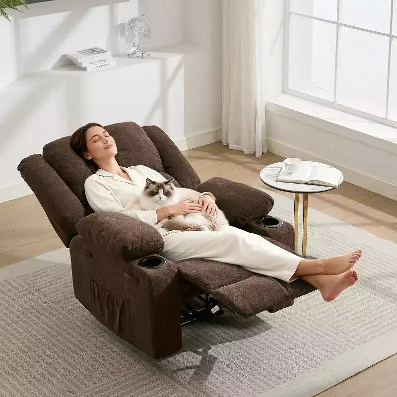 Poltrona Reclinabile Massaggiante Oversize, Divano Singolo, Tasca Laterale, 2 Portabicchieri, Poltrona Reclinabile Ergonomica Imbottita in Tessuto Traspirante, per Soggiorno