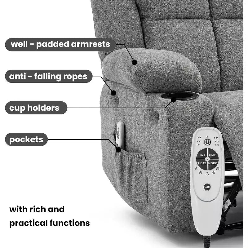 Poltrona Reclinabile Massaggiante Oversize, Divano Singolo, Tasca Laterale, 2 Portabicchieri, Poltrona Reclinabile Ergonomica Imbottita in Tessuto Traspirante, per Soggiorno