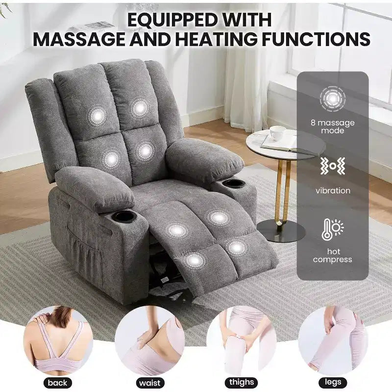 Poltrona Reclinabile Massaggiante Oversize, Divano Singolo, Tasca Laterale, 2 Portabicchieri, Poltrona Reclinabile Ergonomica Imbottita in Tessuto Traspirante, per Soggiorno