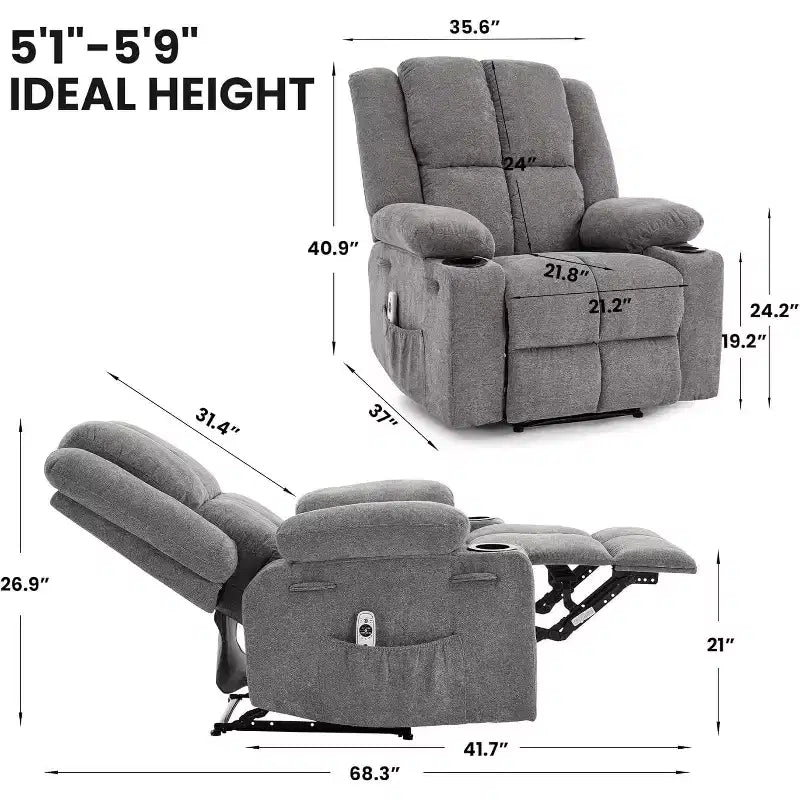 Poltrona Reclinabile Massaggiante Oversize, Divano Singolo, Tasca Laterale, 2 Portabicchieri, Poltrona Reclinabile Ergonomica Imbottita in Tessuto Traspirante, per Soggiorno