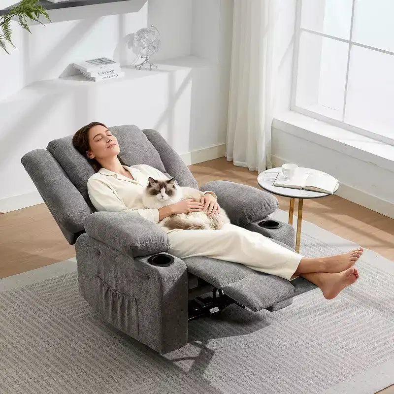 Poltrona Reclinabile Massaggiante Oversize, Divano Singolo, Tasca Laterale, 2 Portabicchieri, Poltrona Reclinabile Ergonomica Imbottita in Tessuto Traspirante, per Soggiorno