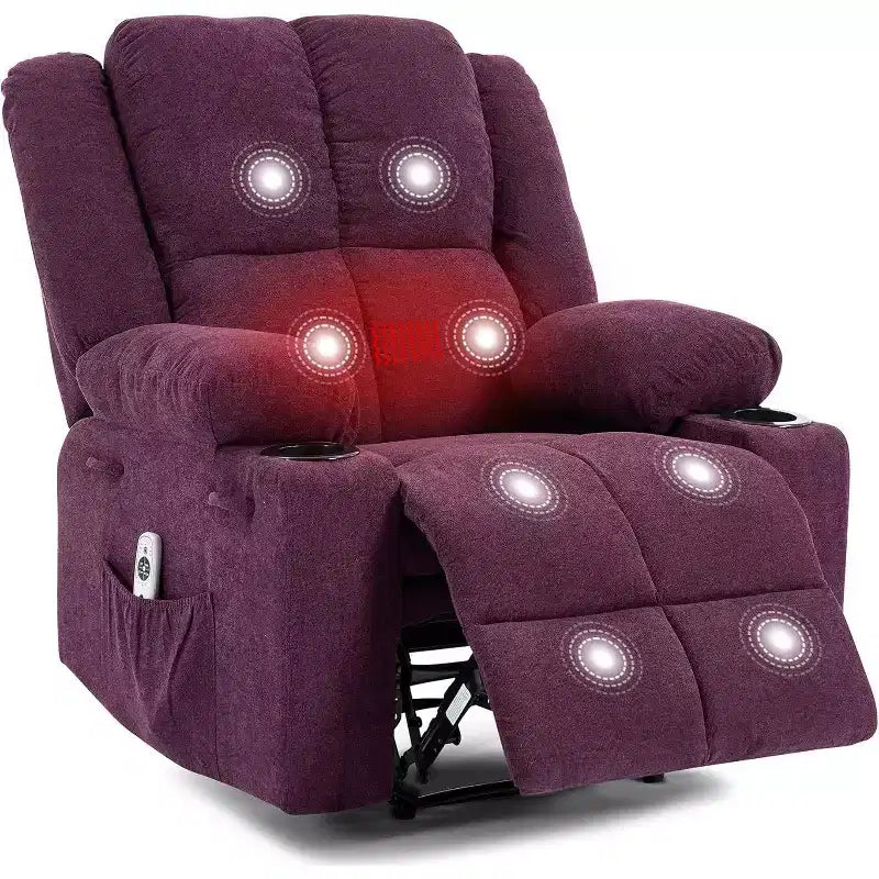 Poltrona Reclinabile Massaggiante Oversize, Divano Singolo, Tasca Laterale, 2 Portabicchieri, Poltrona Reclinabile Ergonomica Imbottita in Tessuto Traspirante, per Soggiorno