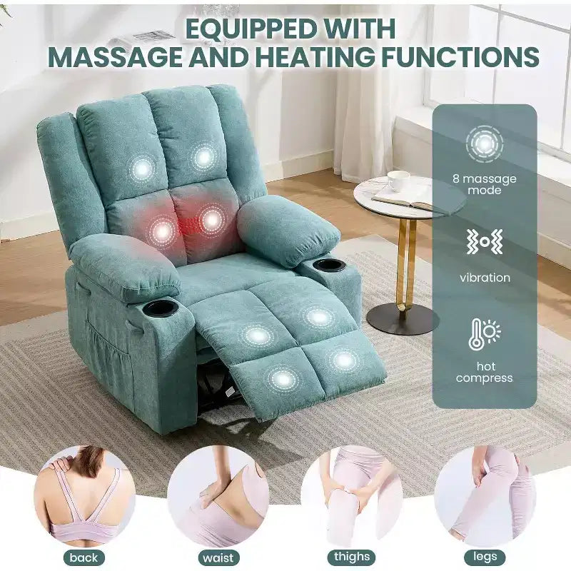 Poltrona Reclinabile Massaggiante Oversize, Divano Singolo, Tasca Laterale, 2 Portabicchieri, Poltrona Reclinabile Ergonomica Imbottita in Tessuto Traspirante, per Soggiorno