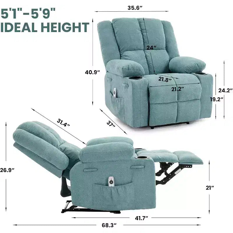 Poltrona Reclinabile Massaggiante Oversize, Divano Singolo, Tasca Laterale, 2 Portabicchieri, Poltrona Reclinabile Ergonomica Imbottita in Tessuto Traspirante, per Soggiorno