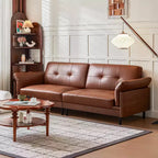 ATJafurn 90Inch Mid Century Modern Brown Leather Couch With Solid Wood Exterior and Hand-Tufted, 4-Seater Retro Leather Sectional Sofa for Living Room