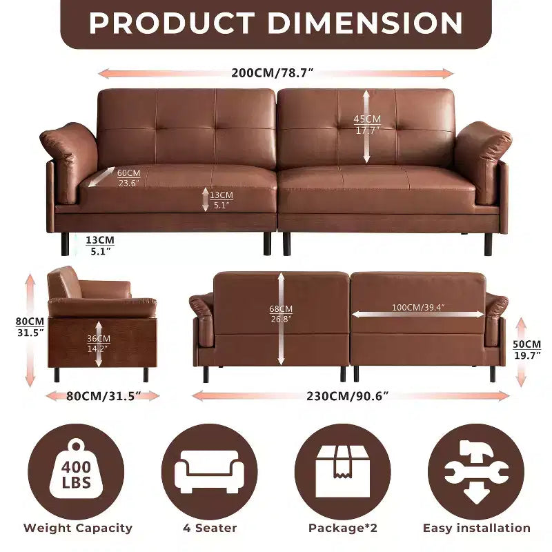 Divano in pelle marrone stile Mid-Century moderno ATJafurn da 90 pollici con esterno in legno massello e trapuntatura a mano, divano componibile in pelle retrò a 4 posti per soggiorno