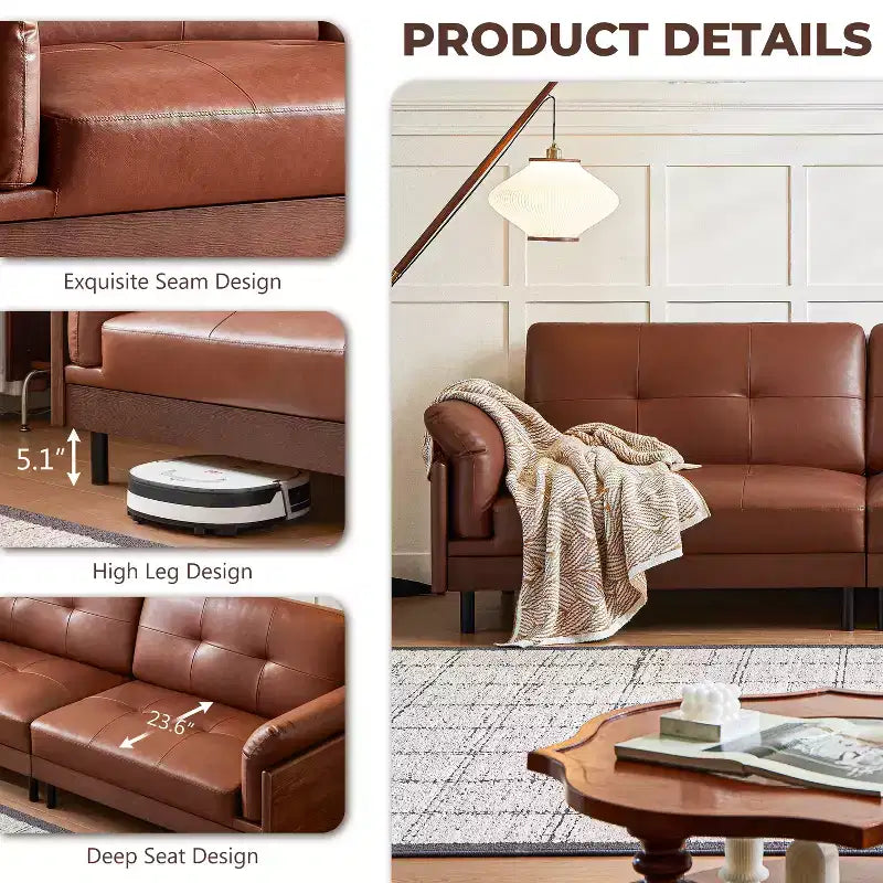Divano in pelle marrone stile Mid-Century moderno ATJafurn da 90 pollici con esterno in legno massello e trapuntatura a mano, divano componibile in pelle retrò a 4 posti per soggiorno