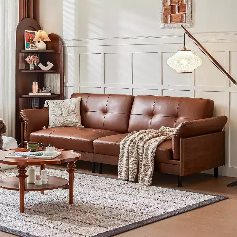 Divano in pelle marrone stile Mid-Century moderno ATJafurn da 90 pollici con esterno in legno massello e trapuntatura a mano, divano componibile in pelle retrò a 4 posti per soggiorno