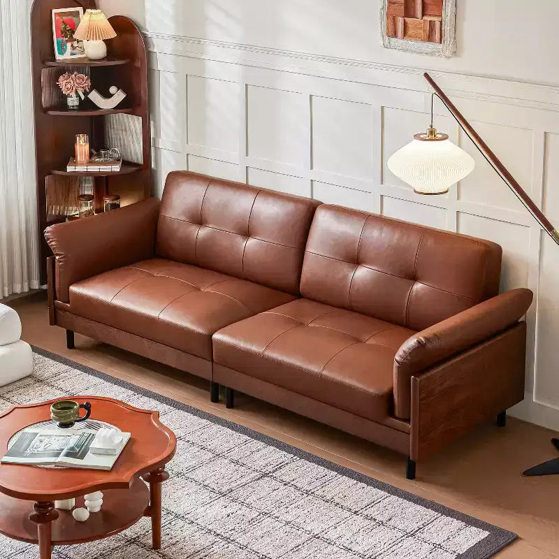 Divano in pelle marrone stile Mid-Century moderno ATJafurn da 90 pollici con esterno in legno massello e trapuntatura a mano, divano componibile in pelle retrò a 4 posti per soggiorno