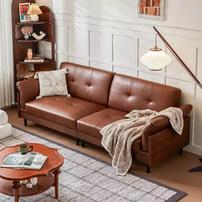 Divano in pelle marrone stile Mid-Century moderno ATJafurn da 90 pollici con esterno in legno massello e trapuntatura a mano, divano componibile in pelle retrò a 4 posti per soggiorno