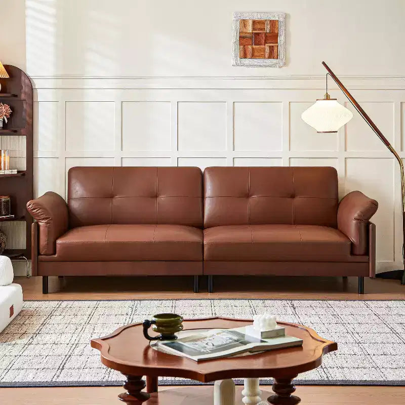 Divano in pelle marrone stile Mid-Century moderno ATJafurn da 90 pollici con esterno in legno massello e trapuntatura a mano, divano componibile in pelle retrò a 4 posti per soggiorno