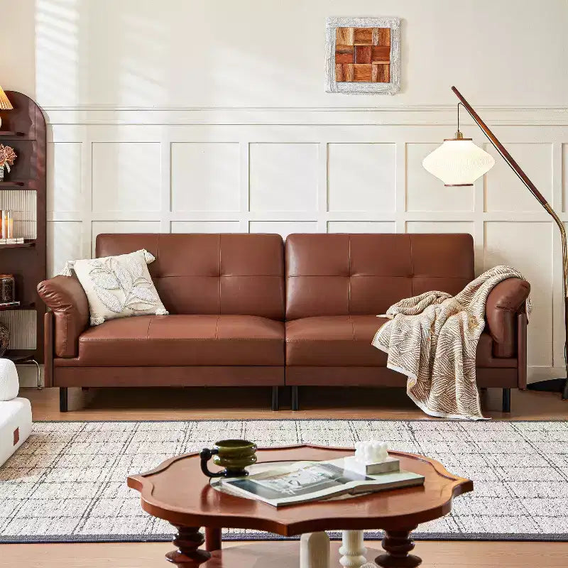 Divano in pelle marrone stile Mid-Century moderno ATJafurn da 90 pollici con esterno in legno massello e trapuntatura a mano, divano componibile in pelle retrò a 4 posti per soggiorno